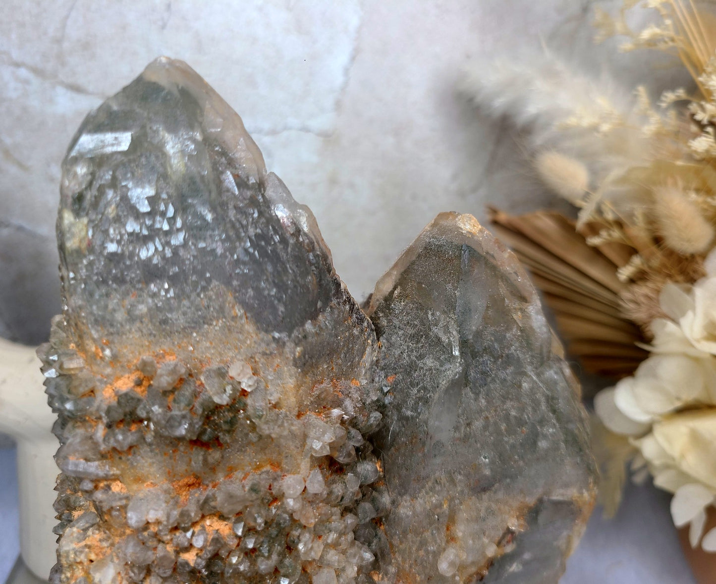 Raw Smoky Elestial Twin Quartz on Rotating Display Stand