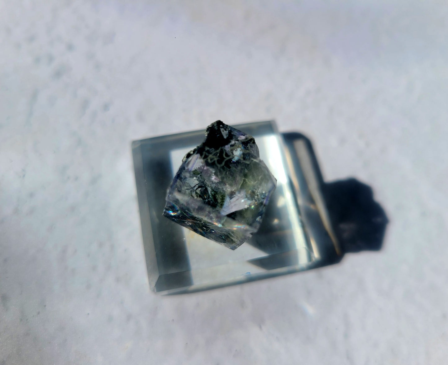 Rare Cubic Fluorite Specimen with Rutile and Garden inclusions on glass stand 01