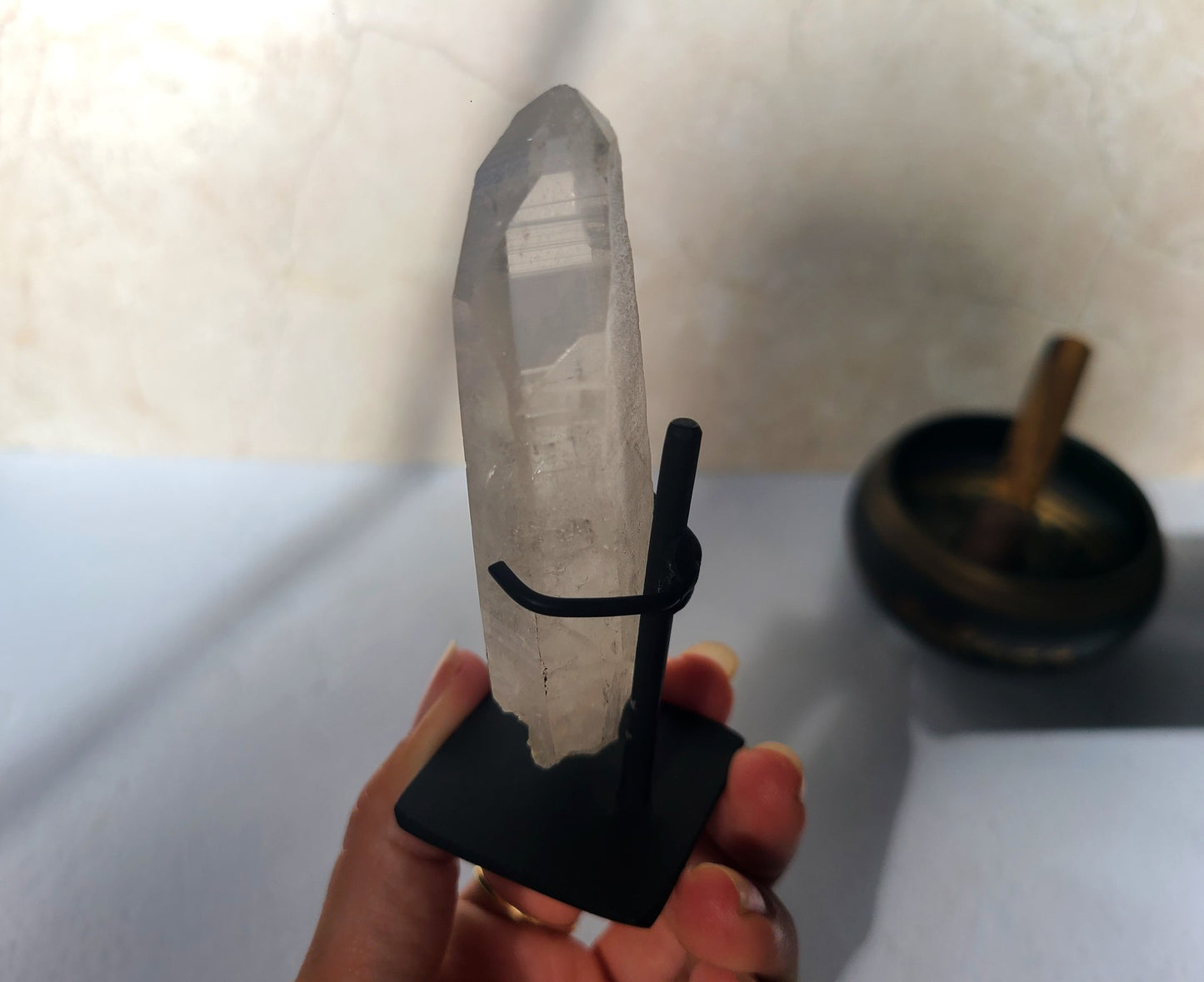 Lemurian Quartz Wand on metal stand 05