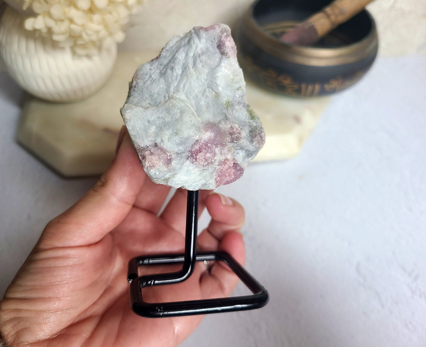 Raw Pink Tourmaline on stand