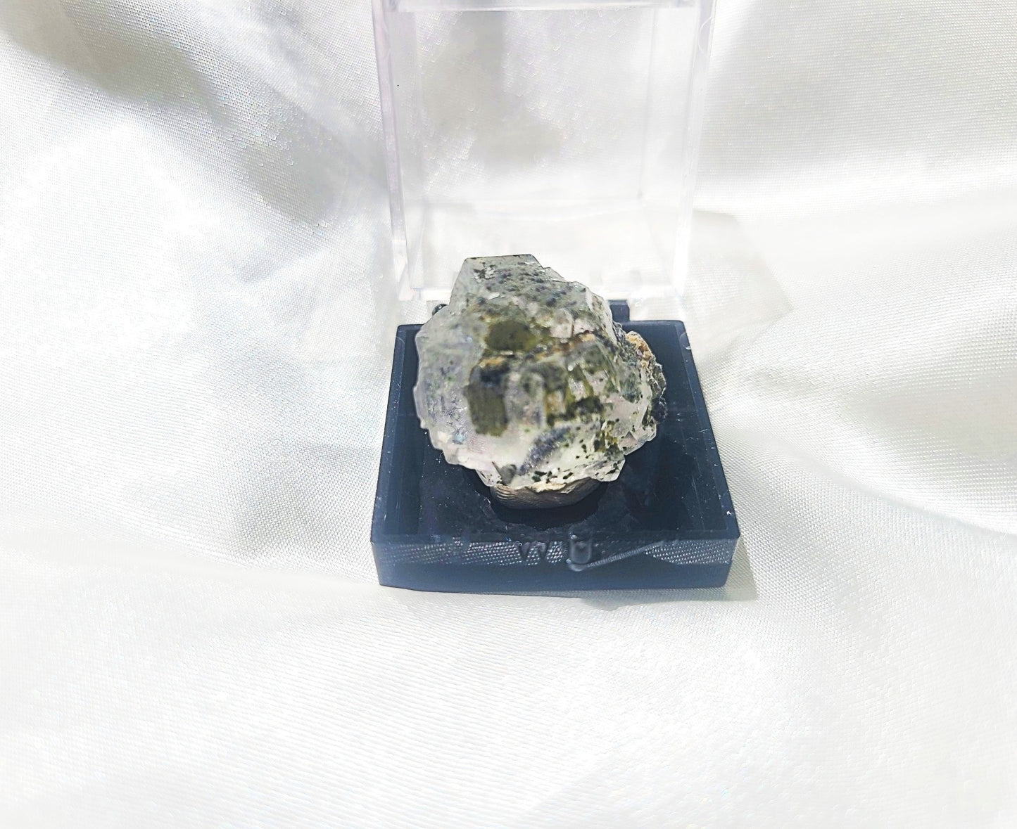 Rare Cubic Fluorite Specimen with Rutile and Garden inclusions on glass stand 03