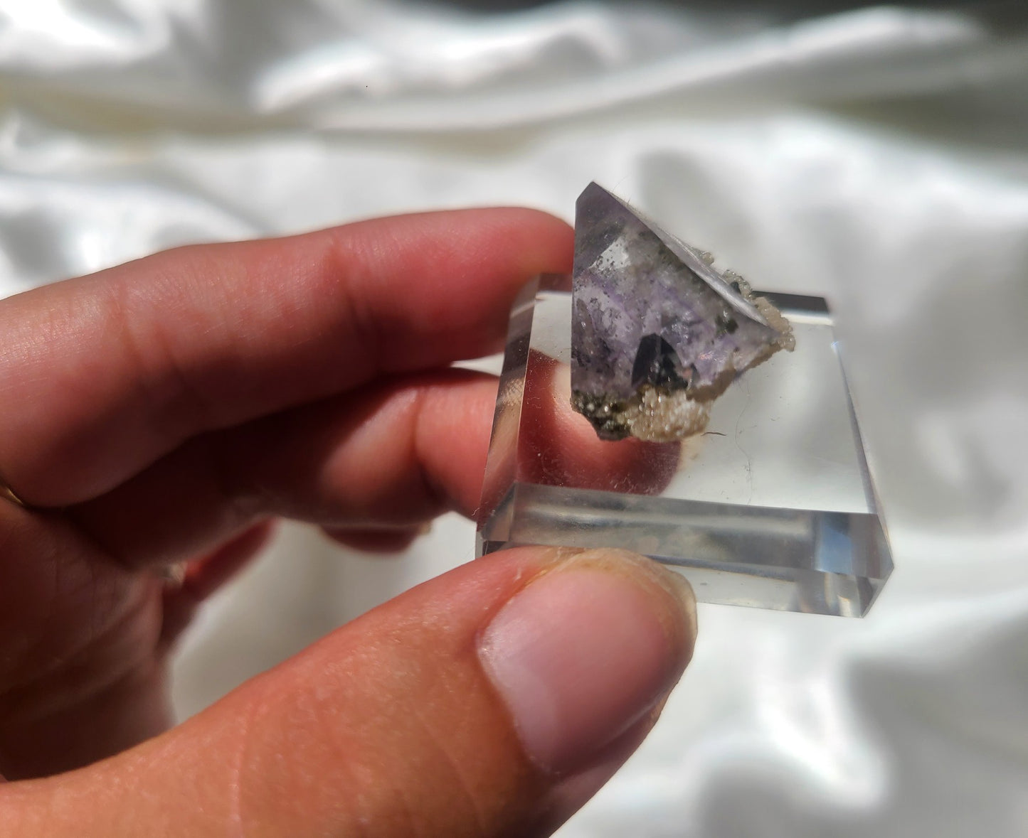 Rare Cubic Fluorite Specimen with Rutile and Garden inclusions on glass stand 04