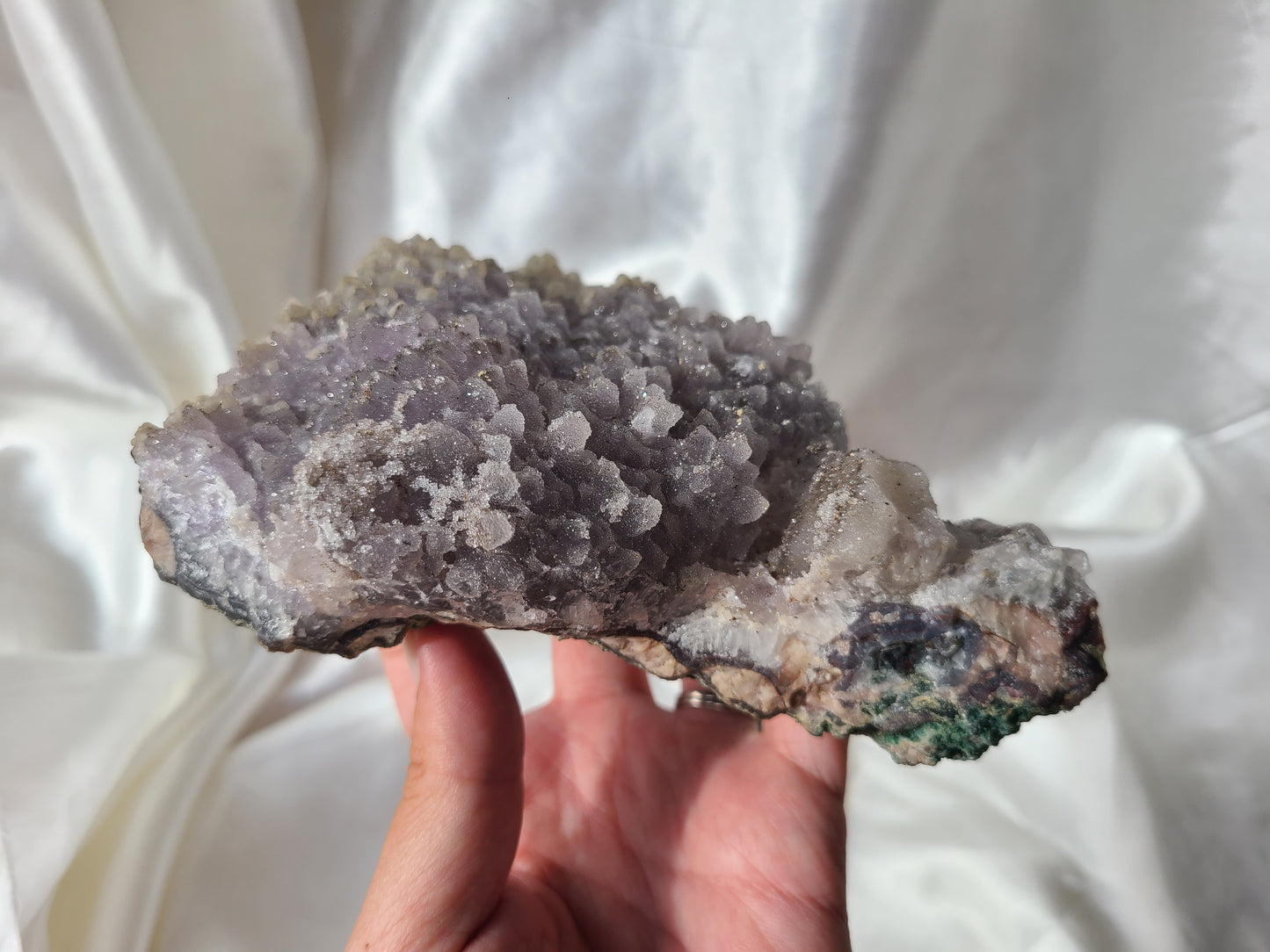 Sugar Amethyst with Calcite inclusions on Display Stand