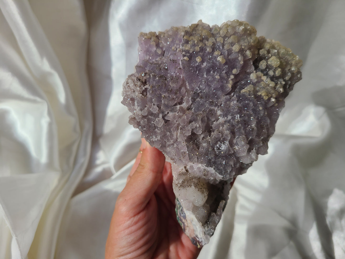 Sugar Amethyst with Calcite inclusions on Display Stand
