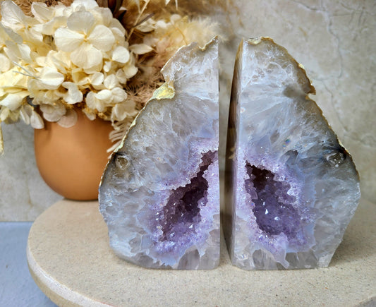 Natural Druzy Agate and Amethyst Bookends