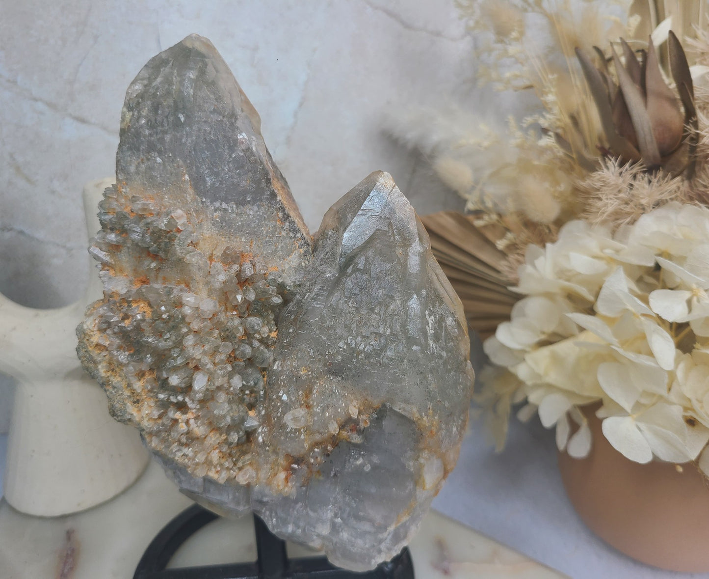 Raw Smoky Elestial Twin Quartz on Rotating Display Stand