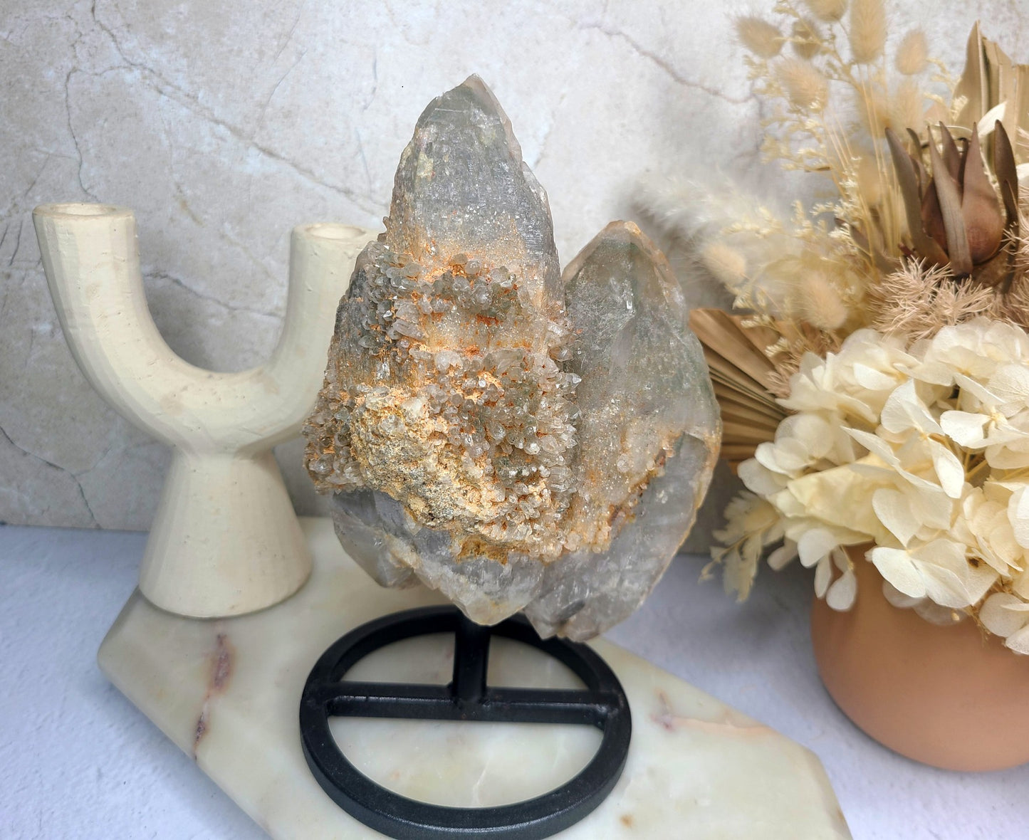 Raw Smoky Elestial Twin Quartz on Rotating Display Stand