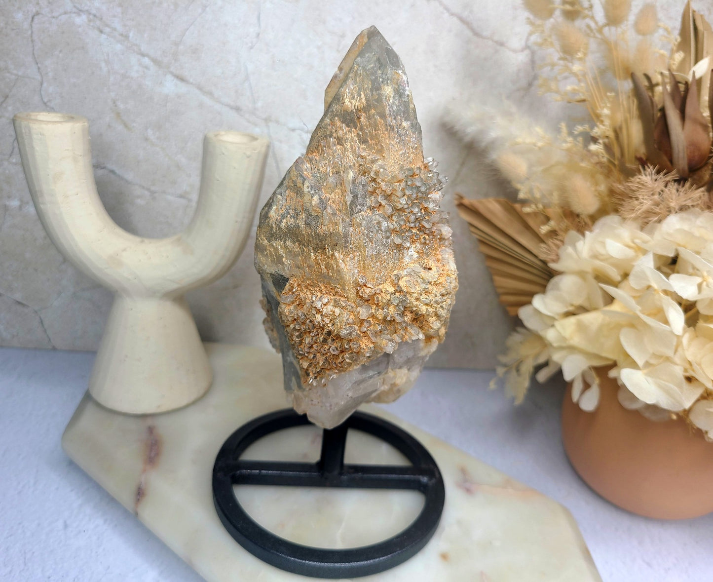 Raw Smoky Elestial Twin Quartz on Rotating Display Stand