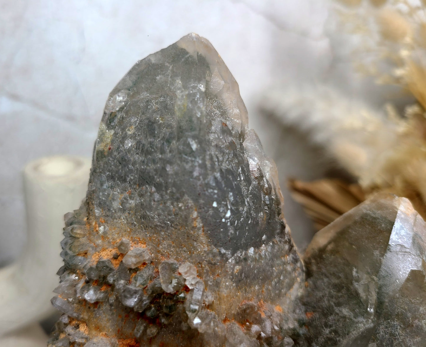 Raw Smoky Elestial Twin Quartz on Rotating Display Stand