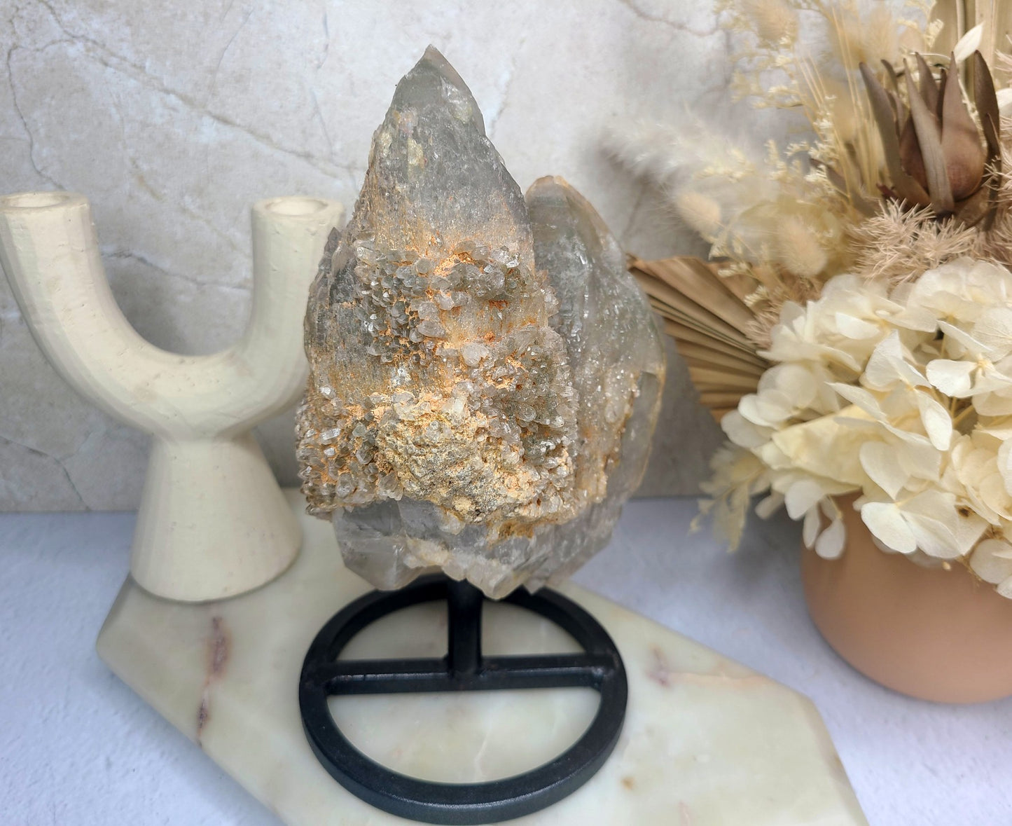 Raw Smoky Elestial Twin Quartz on Rotating Display Stand