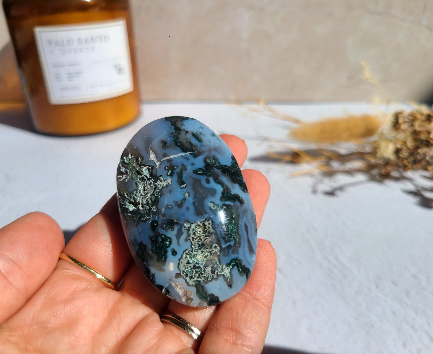 Blue Moss Agate Palm Stone 03