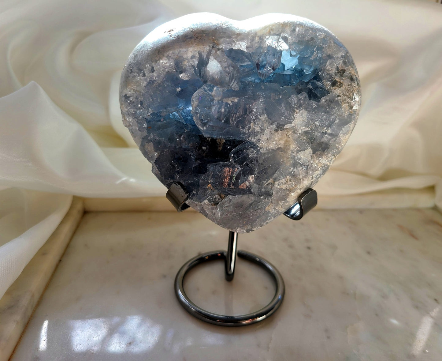 High Grade Chunky Celestite Cluster Heart on Stand - 1kg