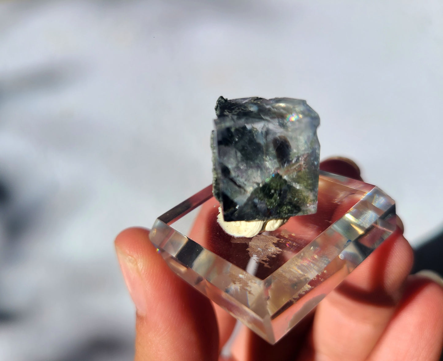 Rare Cubic Fluorite Specimen with Rutile and Garden inclusions on glass stand 01