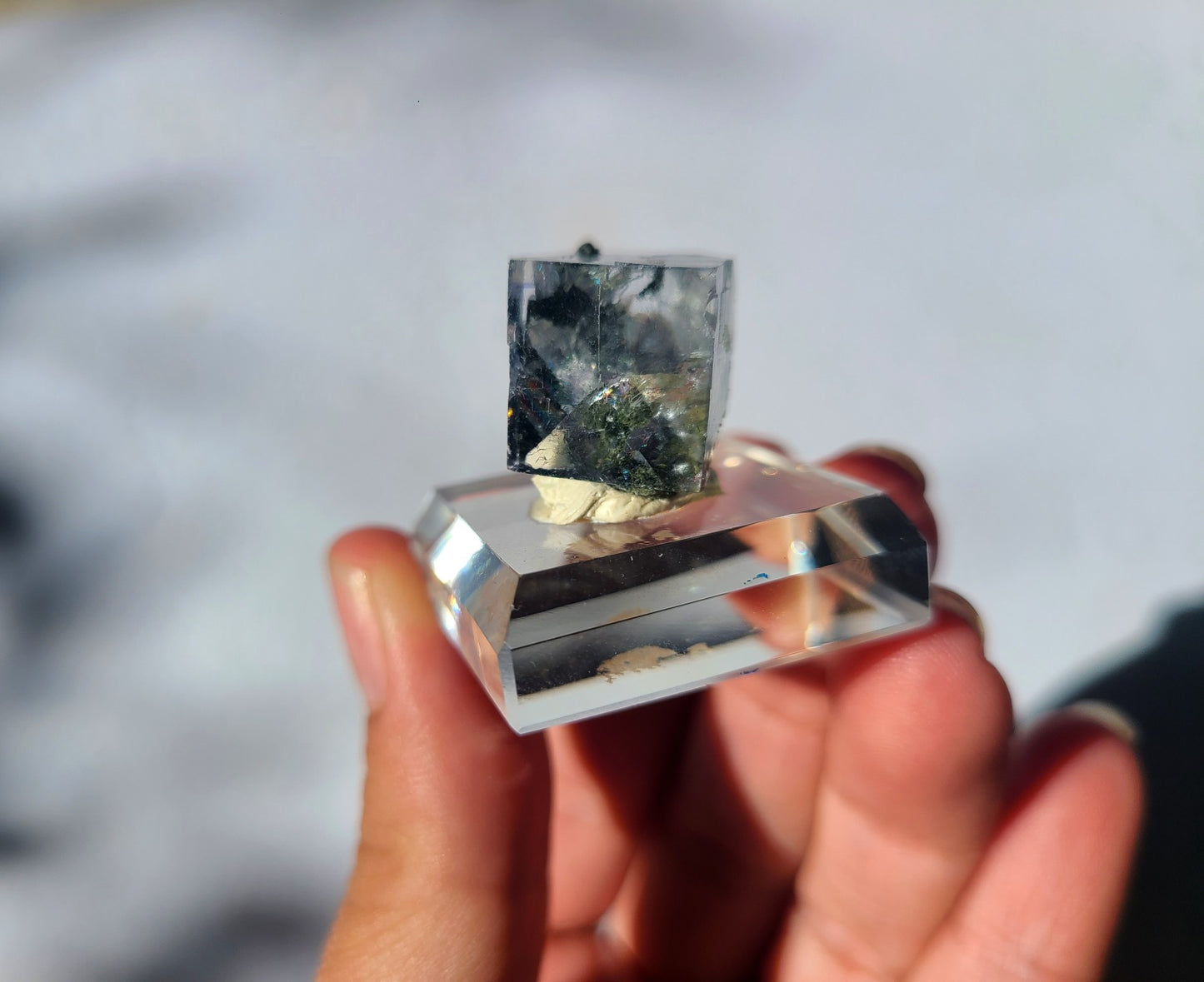 Rare Cubic Fluorite Specimen with Rutile and Garden inclusions on glass stand 01