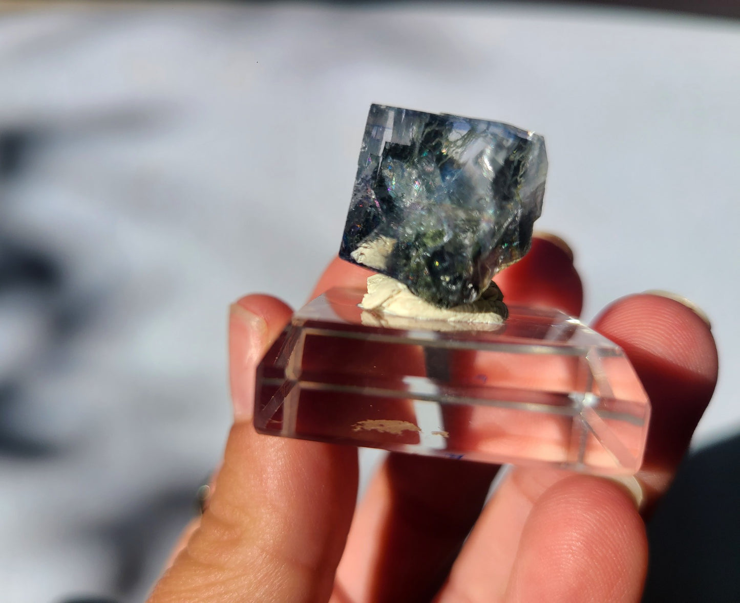 Rare Cubic Fluorite Specimen with Rutile and Garden inclusions on glass stand 01