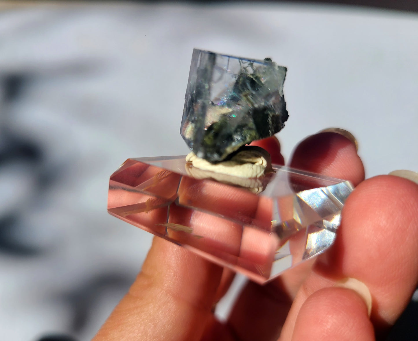 Rare Cubic Fluorite Specimen with Rutile and Garden inclusions on glass stand 01