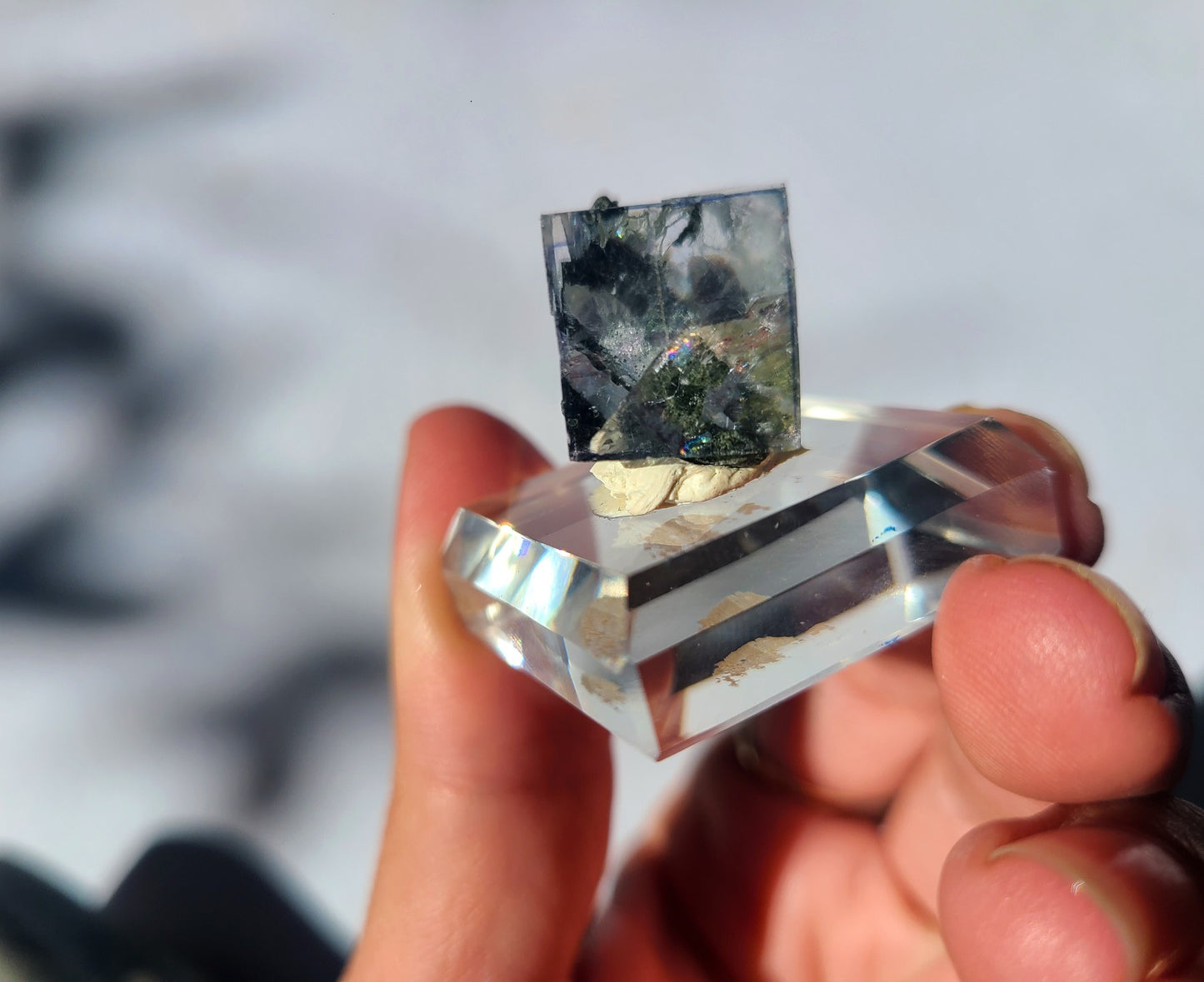 Rare Cubic Fluorite Specimen with Rutile and Garden inclusions on glass stand 01