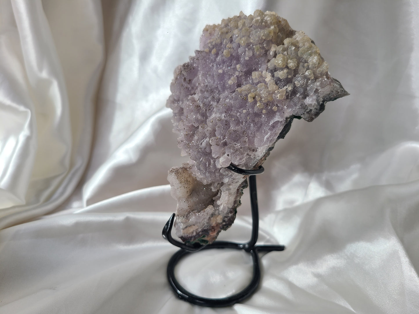Sugar Amethyst with Calcite inclusions on Display Stand