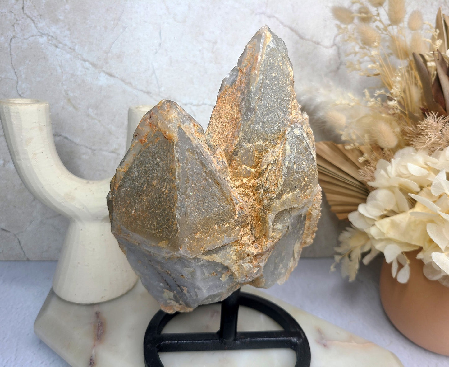 Raw Smoky Elestial Twin Quartz on Rotating Display Stand