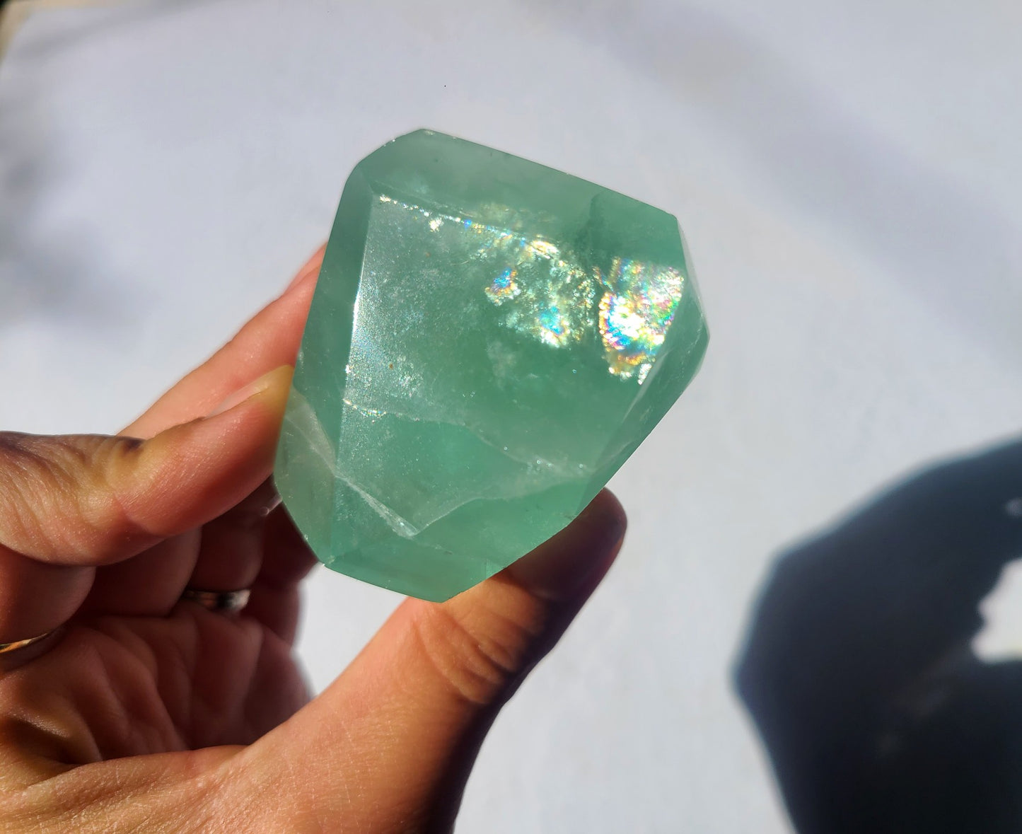 Green Fluorite Free Form with Rainbows