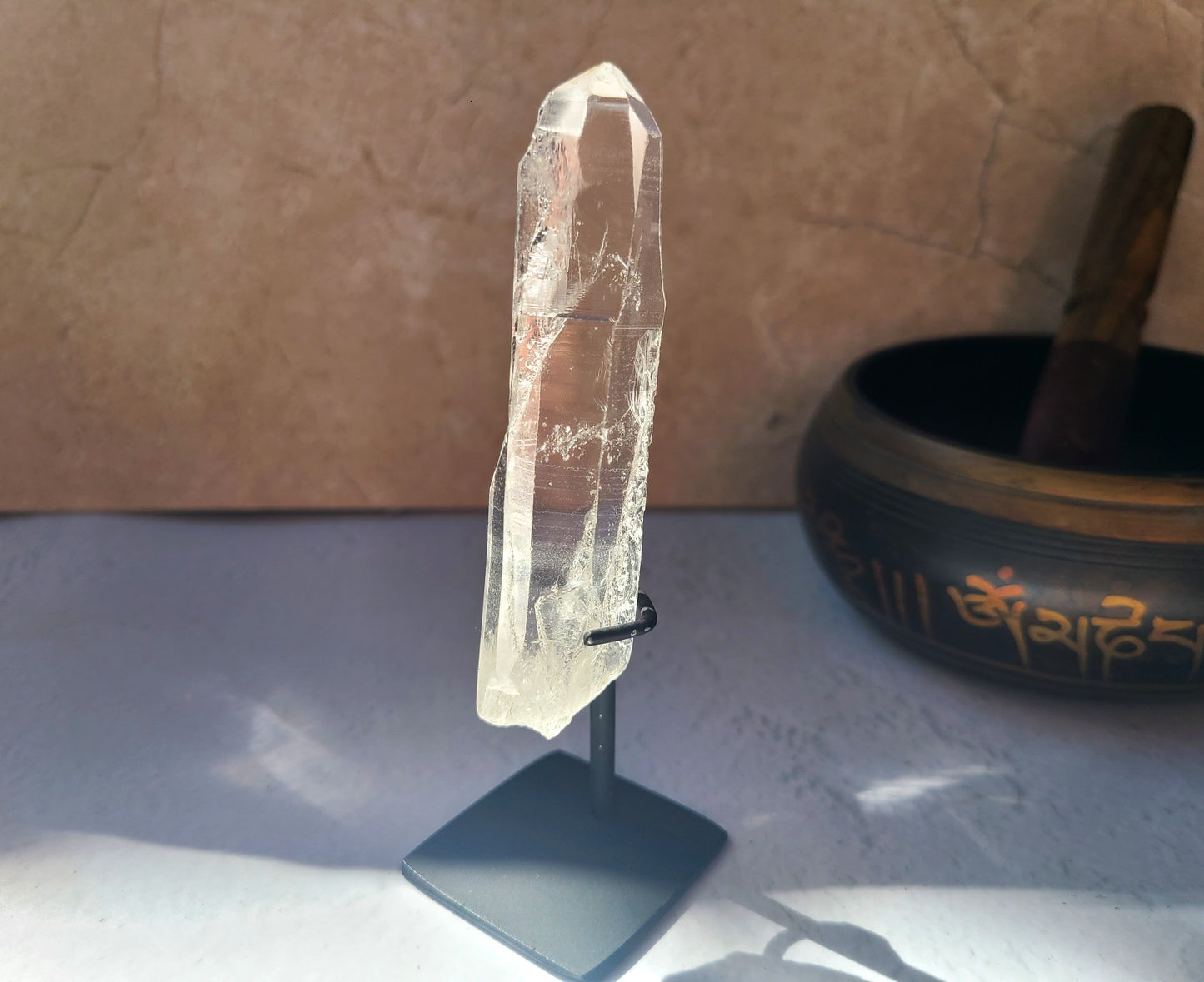 Lemurian Quartz Wand on metal stand 03