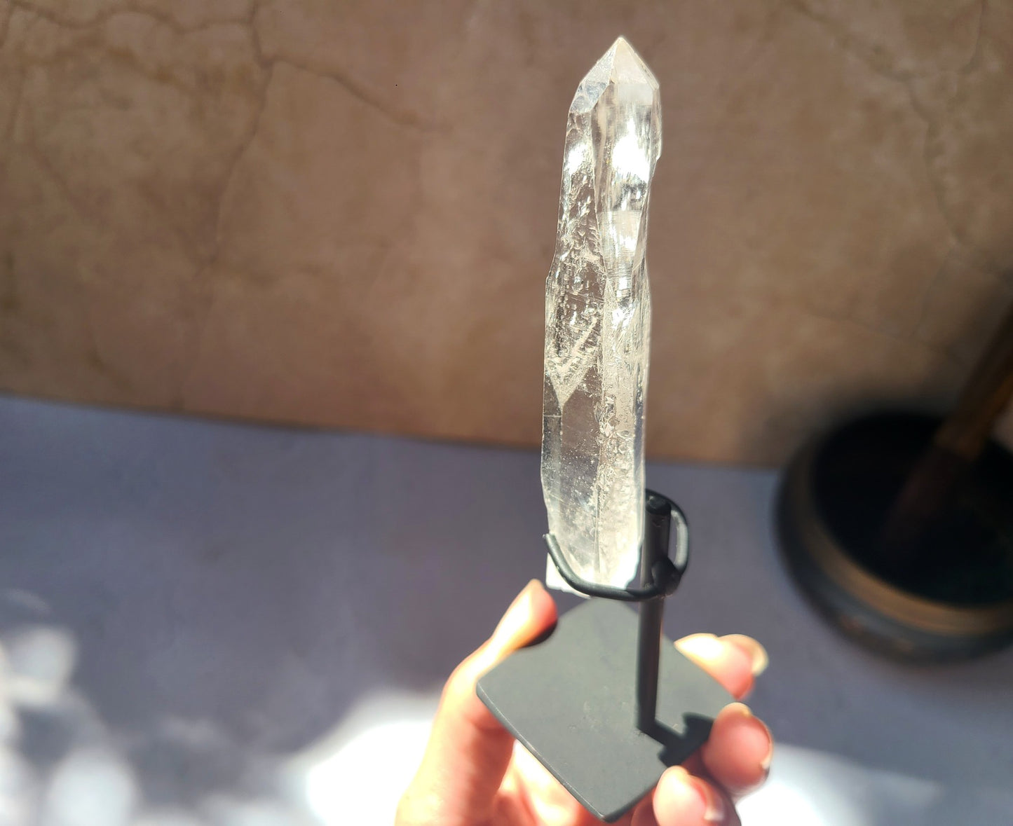 Lemurian Quartz Wand on metal stand 03