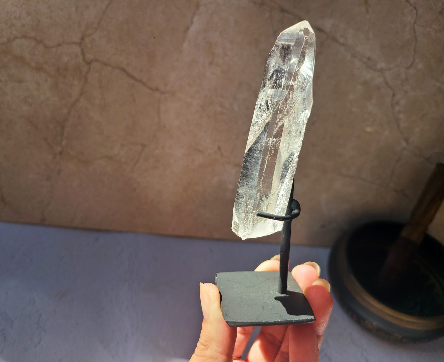 Lemurian Quartz Wand on metal stand 03