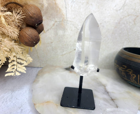 Lemurian Quartz Wand on metal stand 02