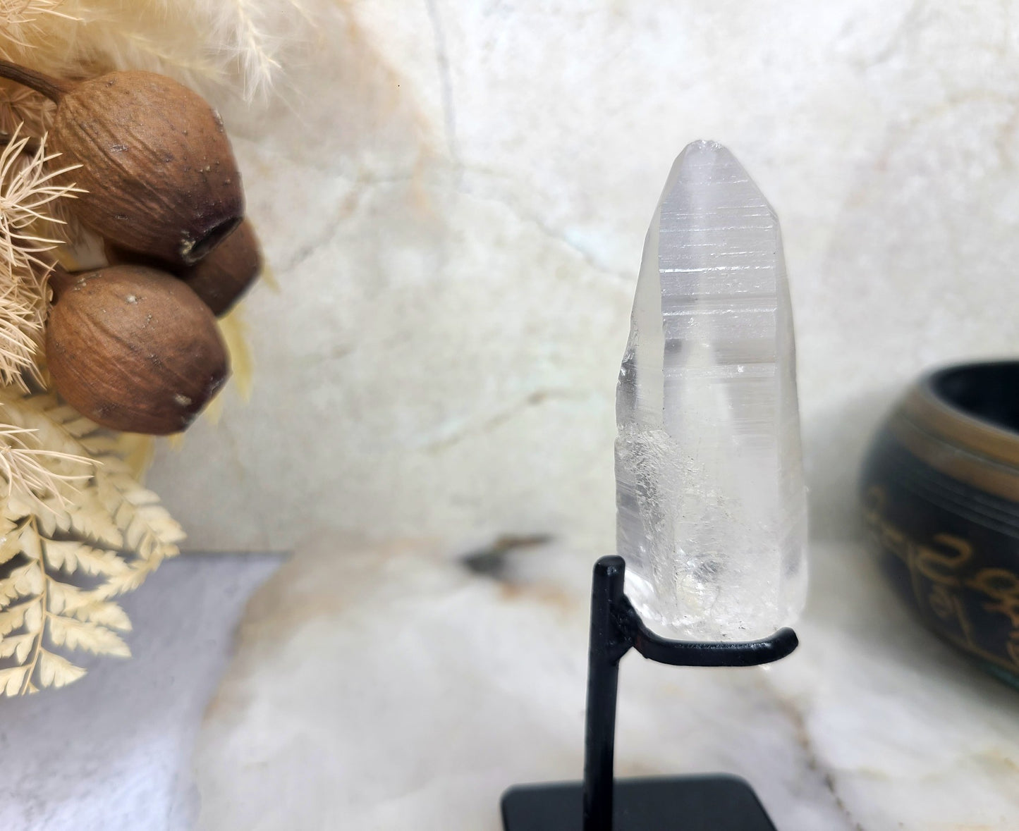 Lemurian Quartz Wand on metal stand 02