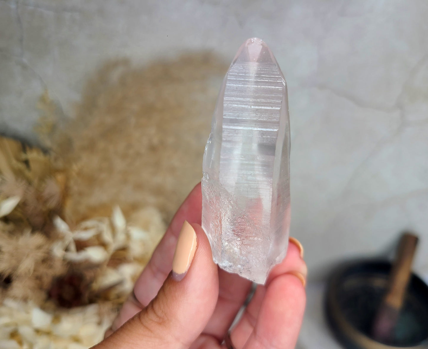 Lemurian Quartz Wand on metal stand 02