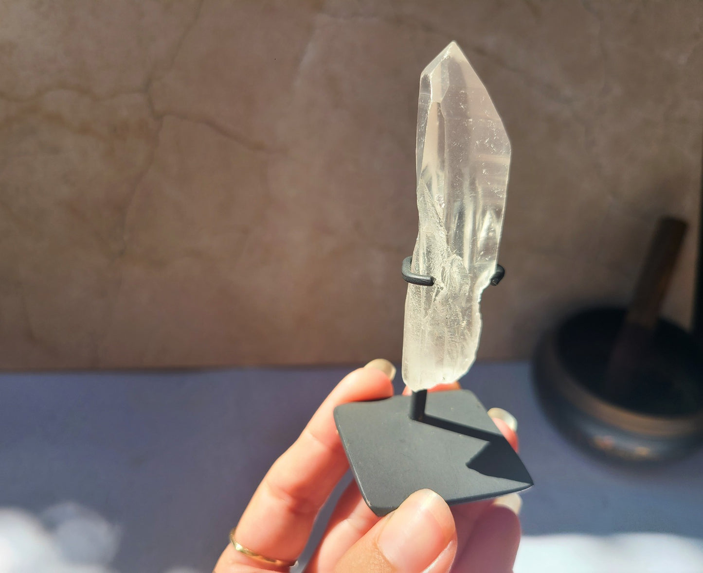 Lemurian Quartz Wand on metal stand 04