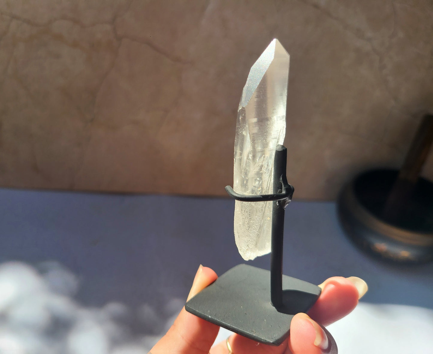 Lemurian Quartz Wand on metal stand 04