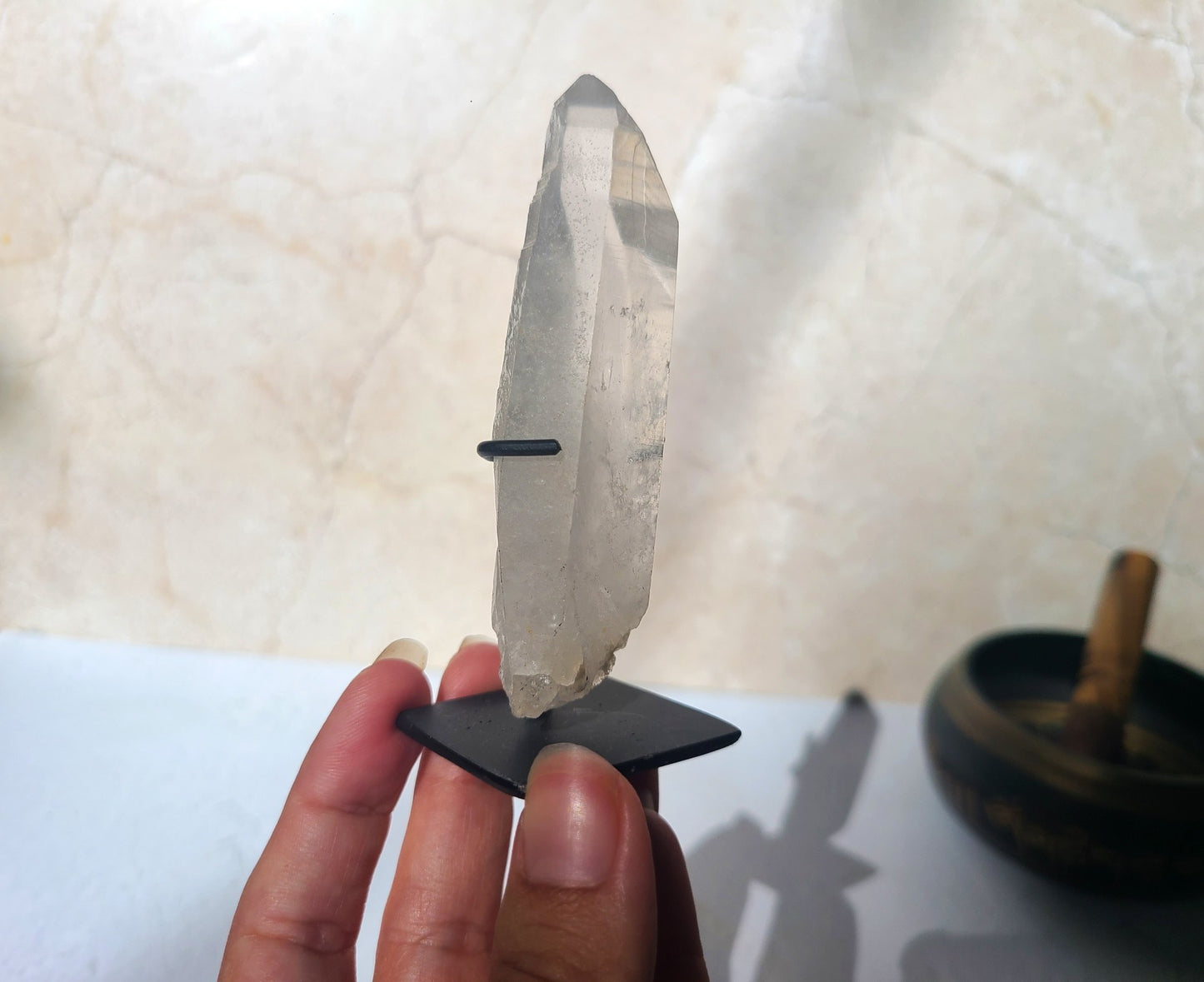 Lemurian Quartz Wand on metal stand 05