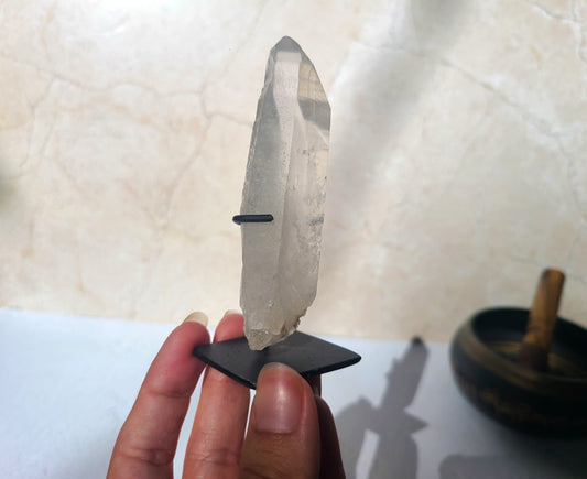 Lemurian Quartz Wand on metal stand 05