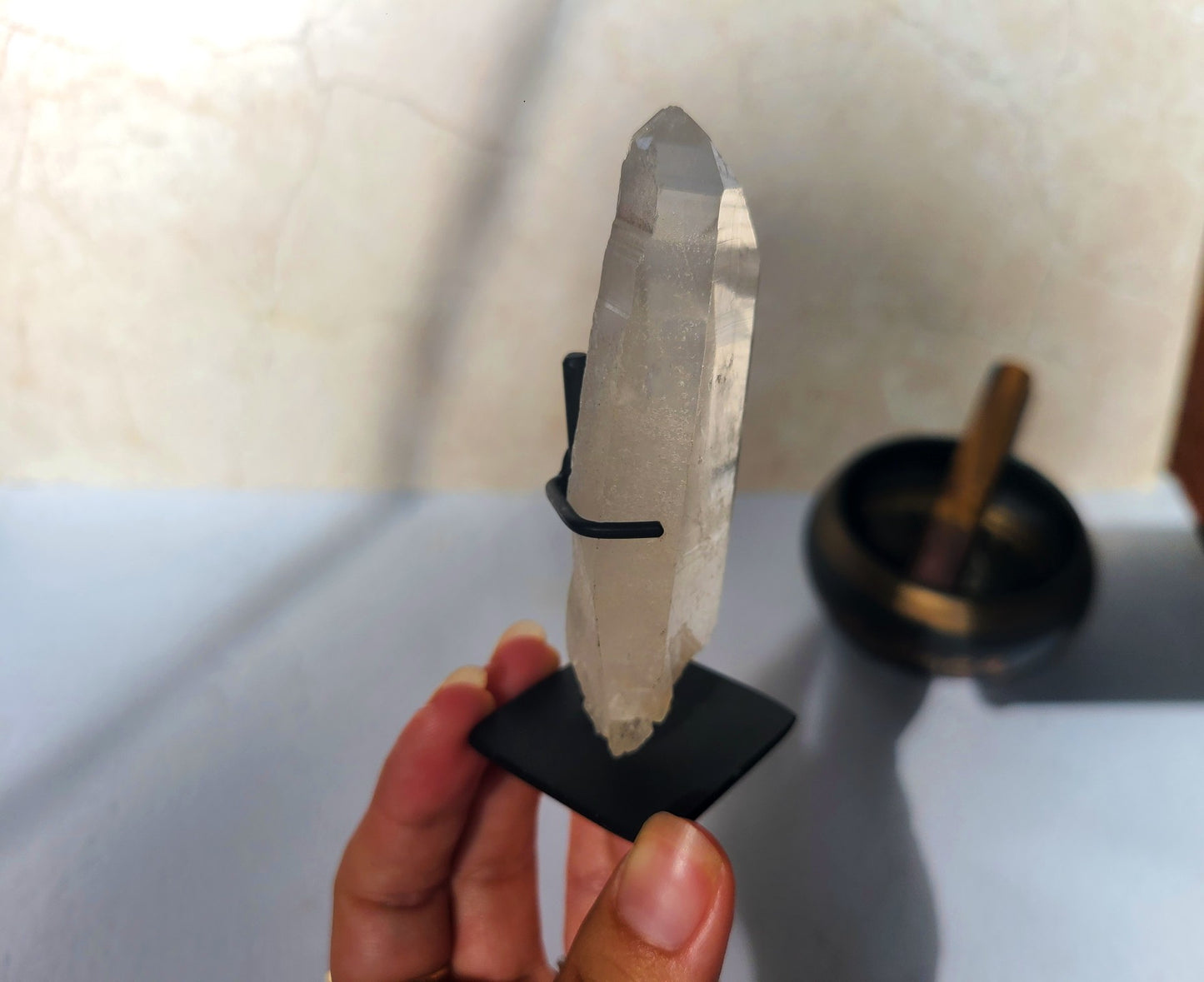 Lemurian Quartz Wand on metal stand 05