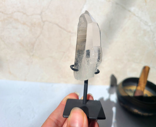 Lemurian Quartz Wand on metal stand 06