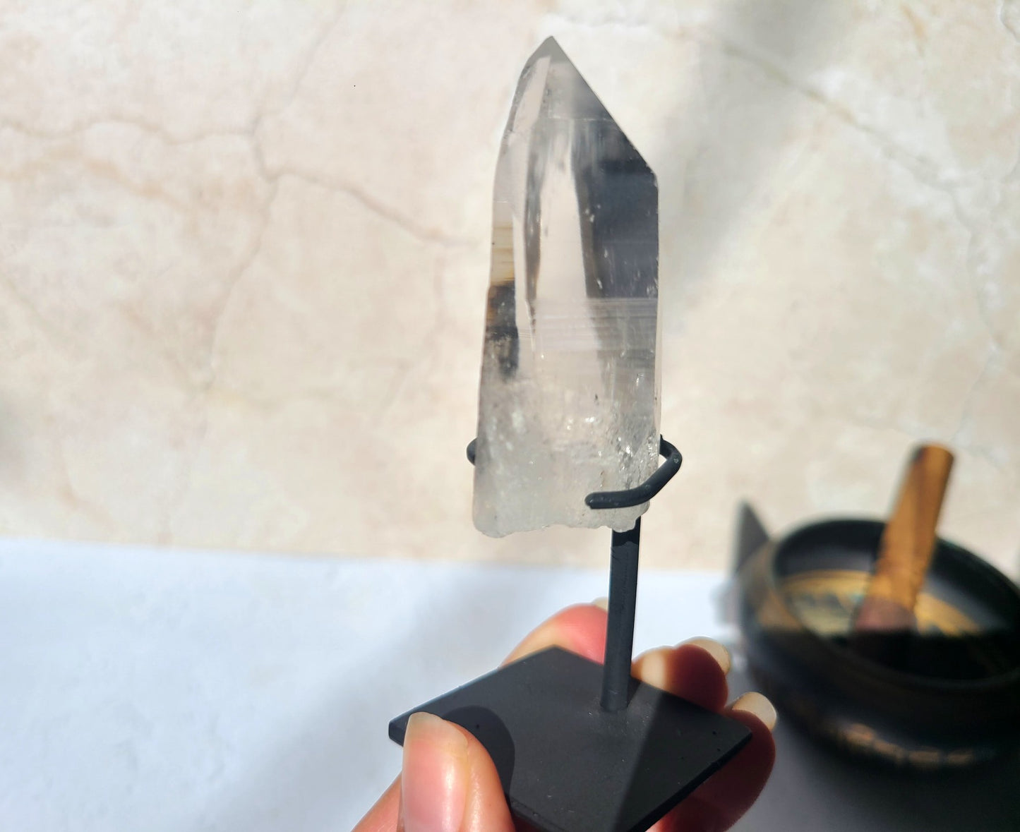 Lemurian Quartz Wand on metal stand 06