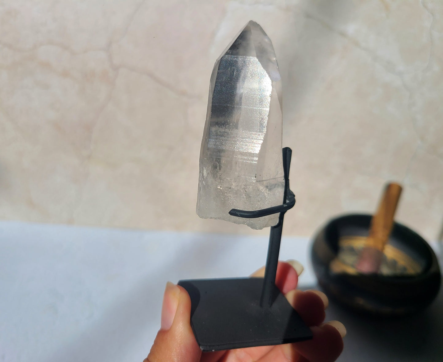 Lemurian Quartz Wand on metal stand 06