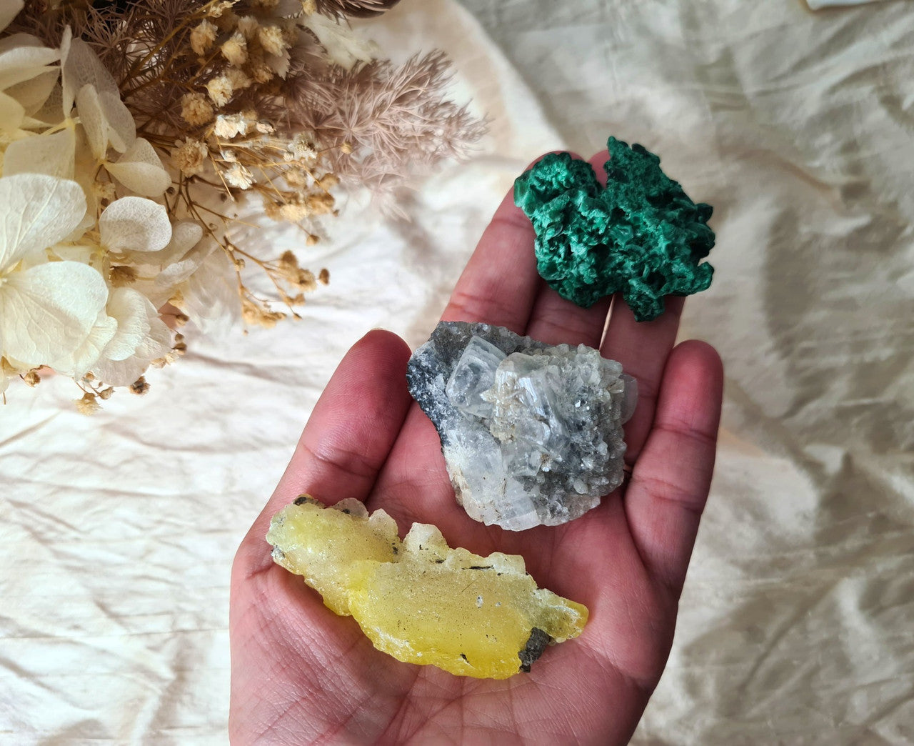 Silky Malachite, Apophyllite & Yellow Brucite Bundle