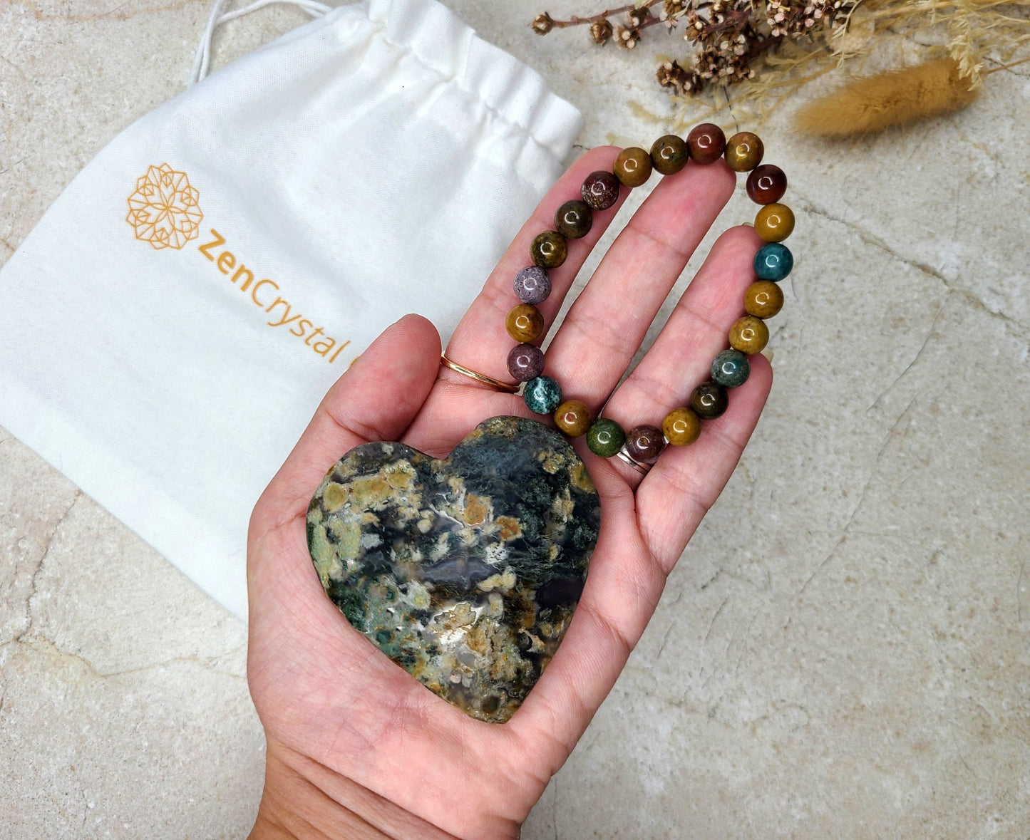 Moss Agate Heart and Bracelet Bundle
