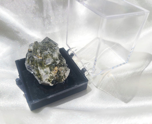 Rare Cubic Fluorite Specimen with Rutile and Garden inclusions on glass stand 03