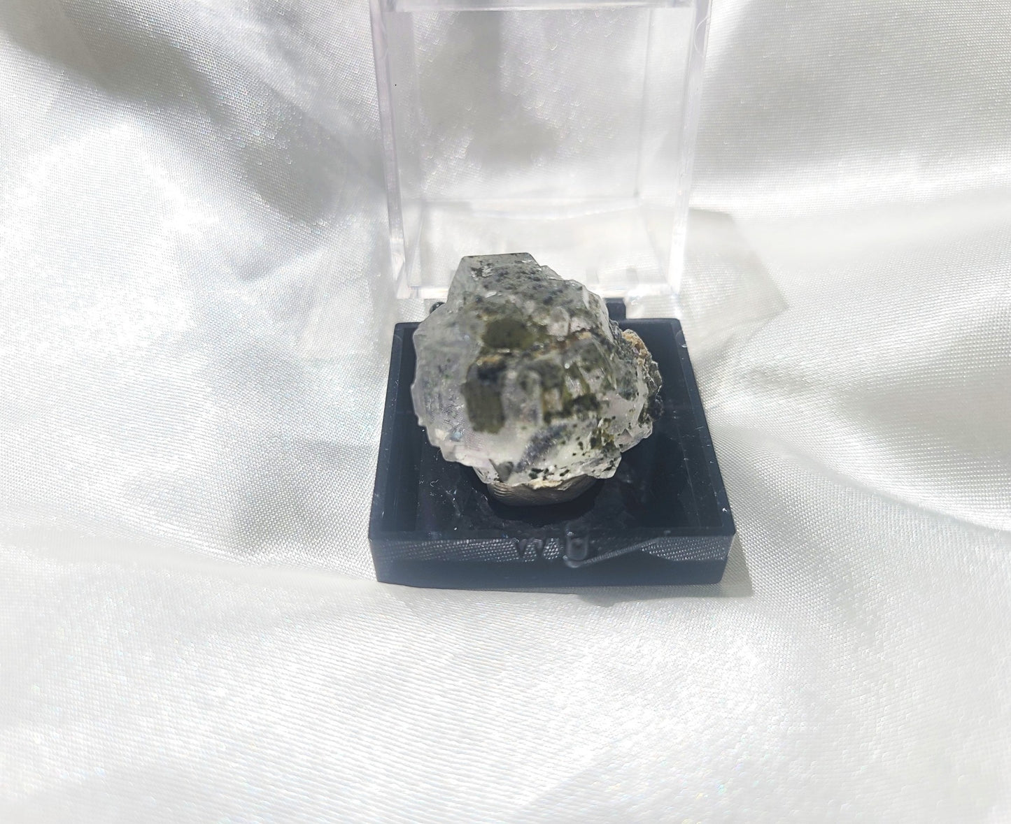 Rare Cubic Fluorite Specimen with Rutile and Garden inclusions on glass stand 03
