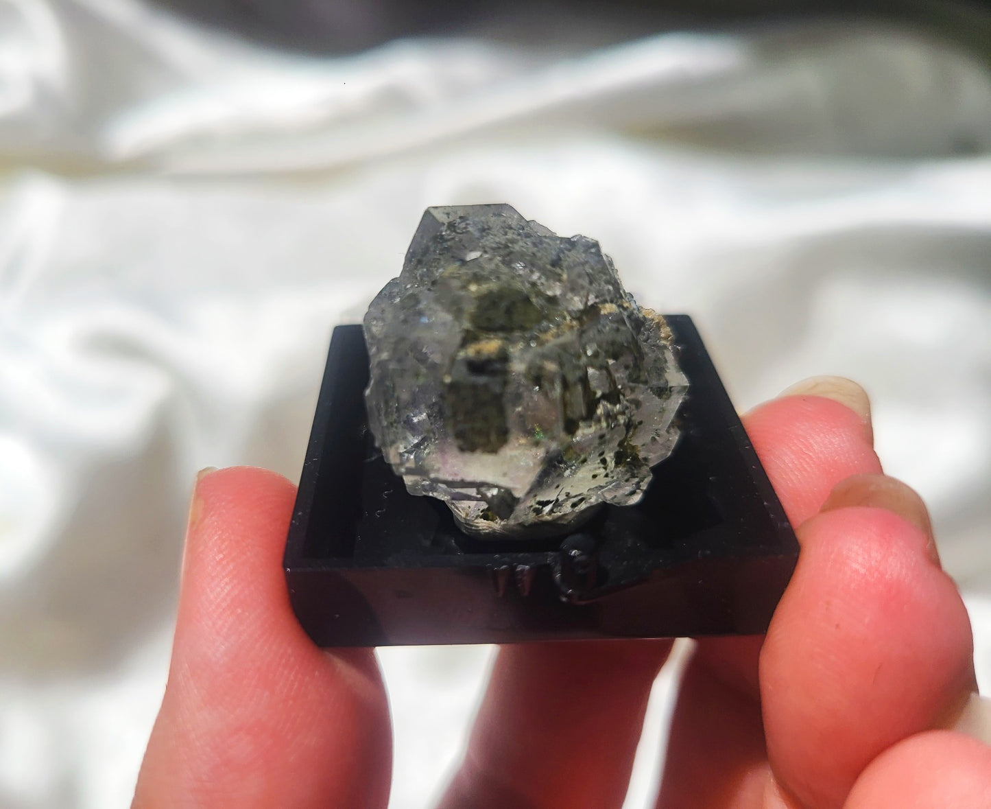 Rare Cubic Fluorite Specimen with Rutile and Garden inclusions on glass stand 03
