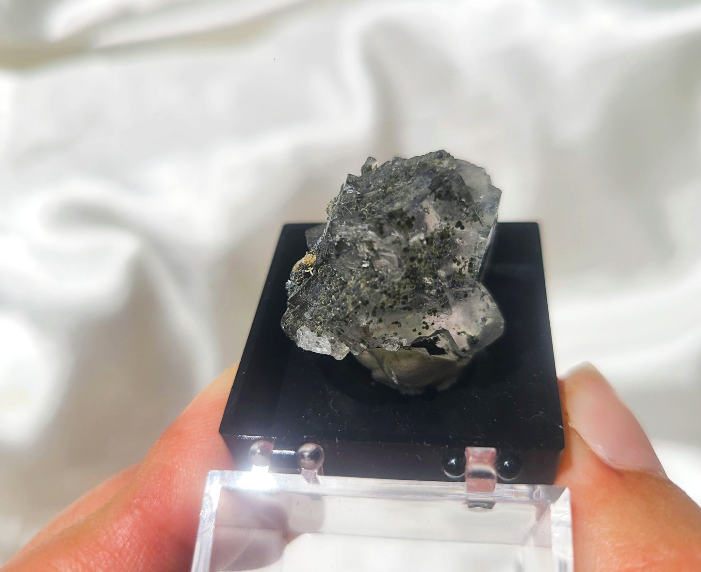 Rare Cubic Fluorite Specimen with Rutile and Garden inclusions on glass stand 03