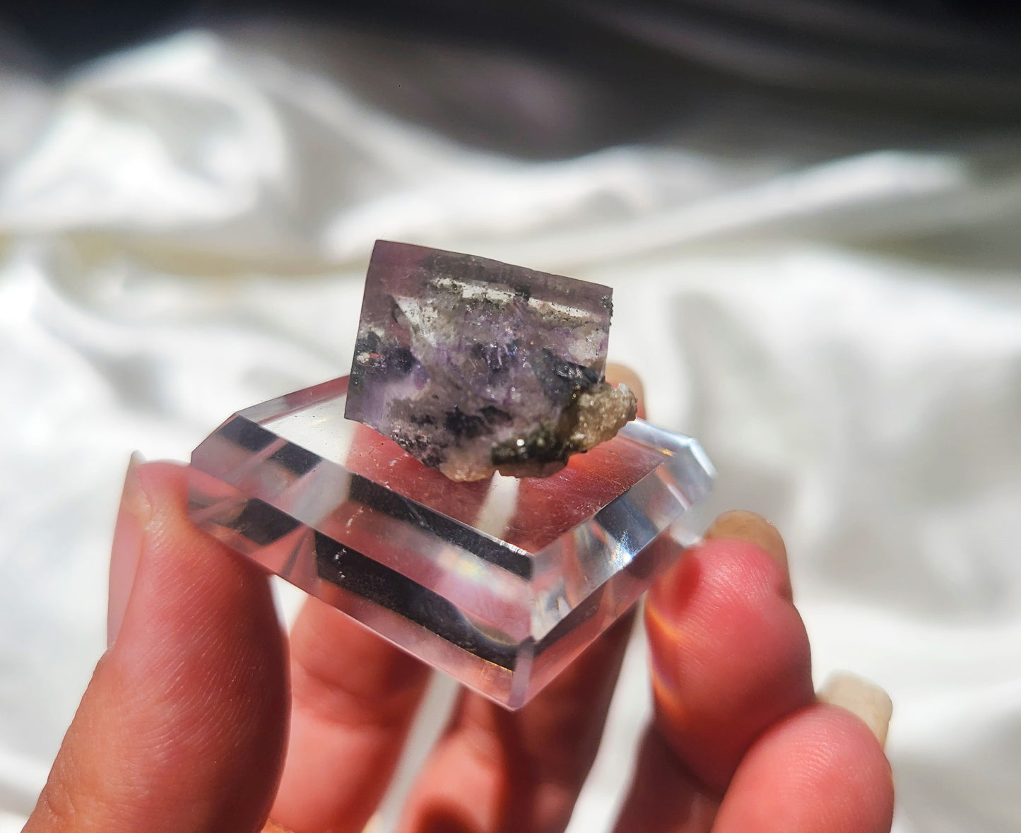 Rare Cubic Fluorite Specimen with Rutile and Garden inclusions on glass stand 04