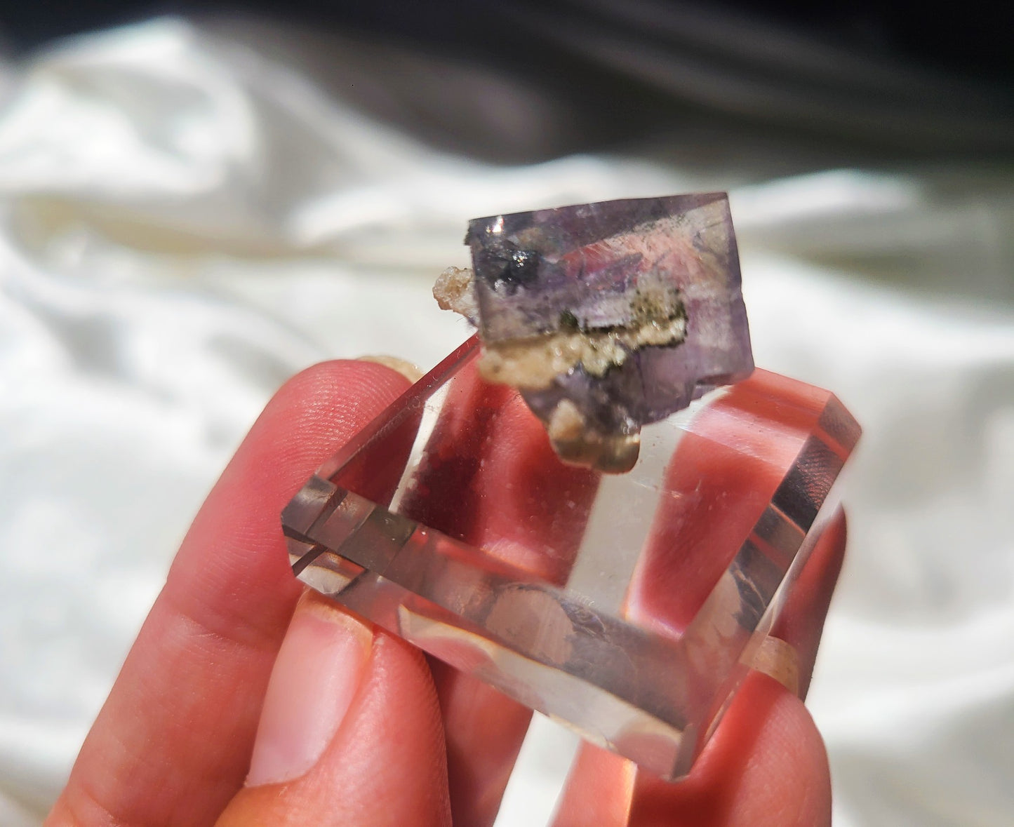 Rare Cubic Fluorite Specimen with Rutile and Garden inclusions on glass stand 04