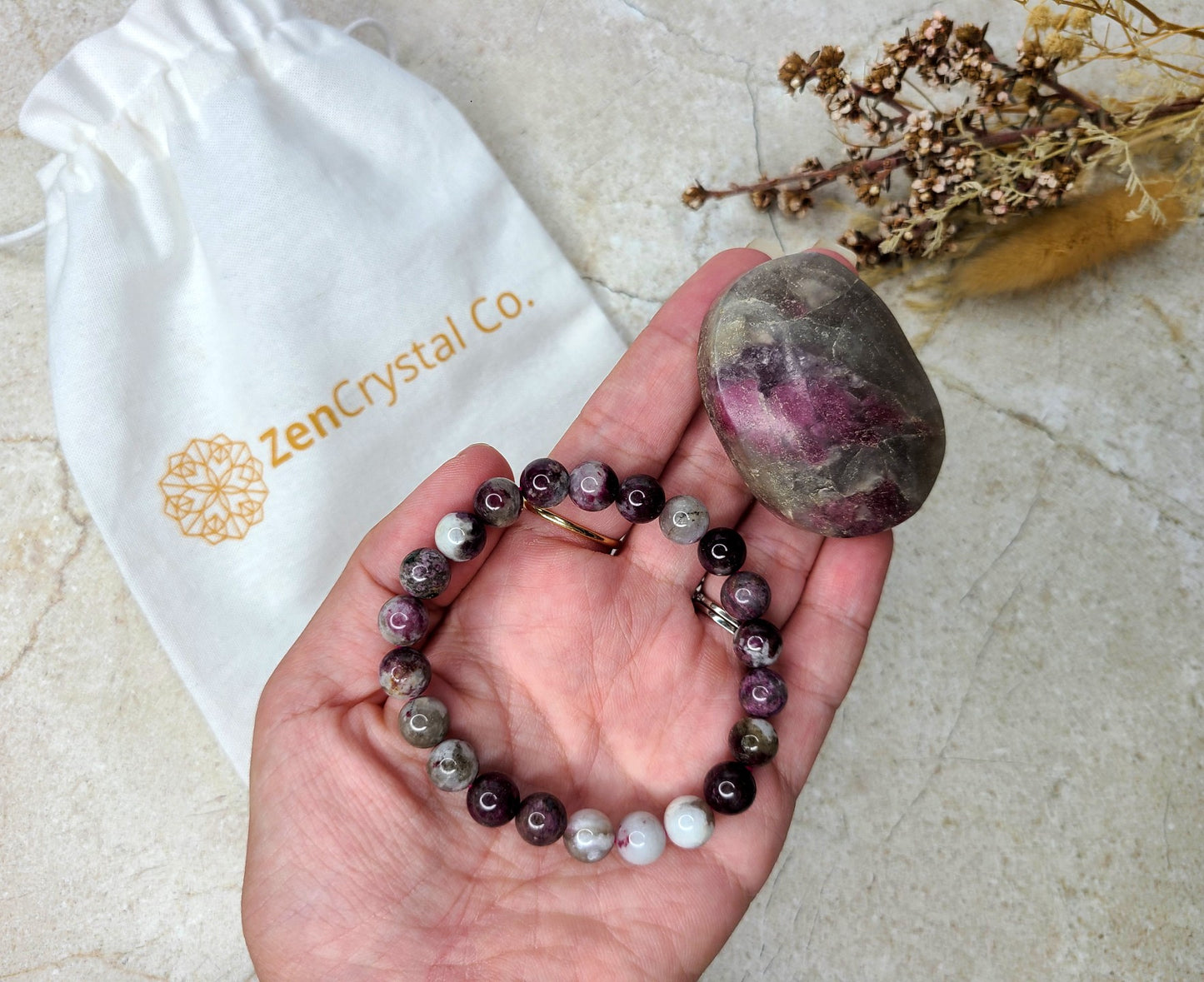 Pink Tourmaline Bracelet and Palm Stone Bundle